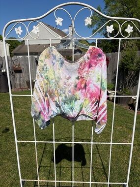 Charlotte Russe Floral Watercolor Dolman Tunic in Pink, Green & Yellow